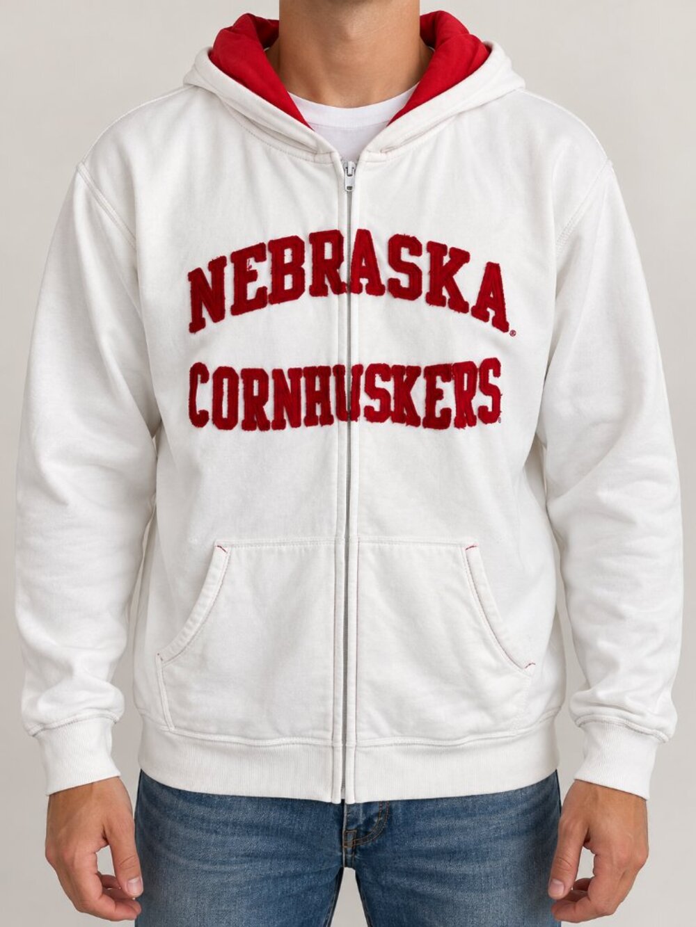 Nebraska Cornhuskers 3XL White Full Zip Hoodie Red Applique Champs Sports